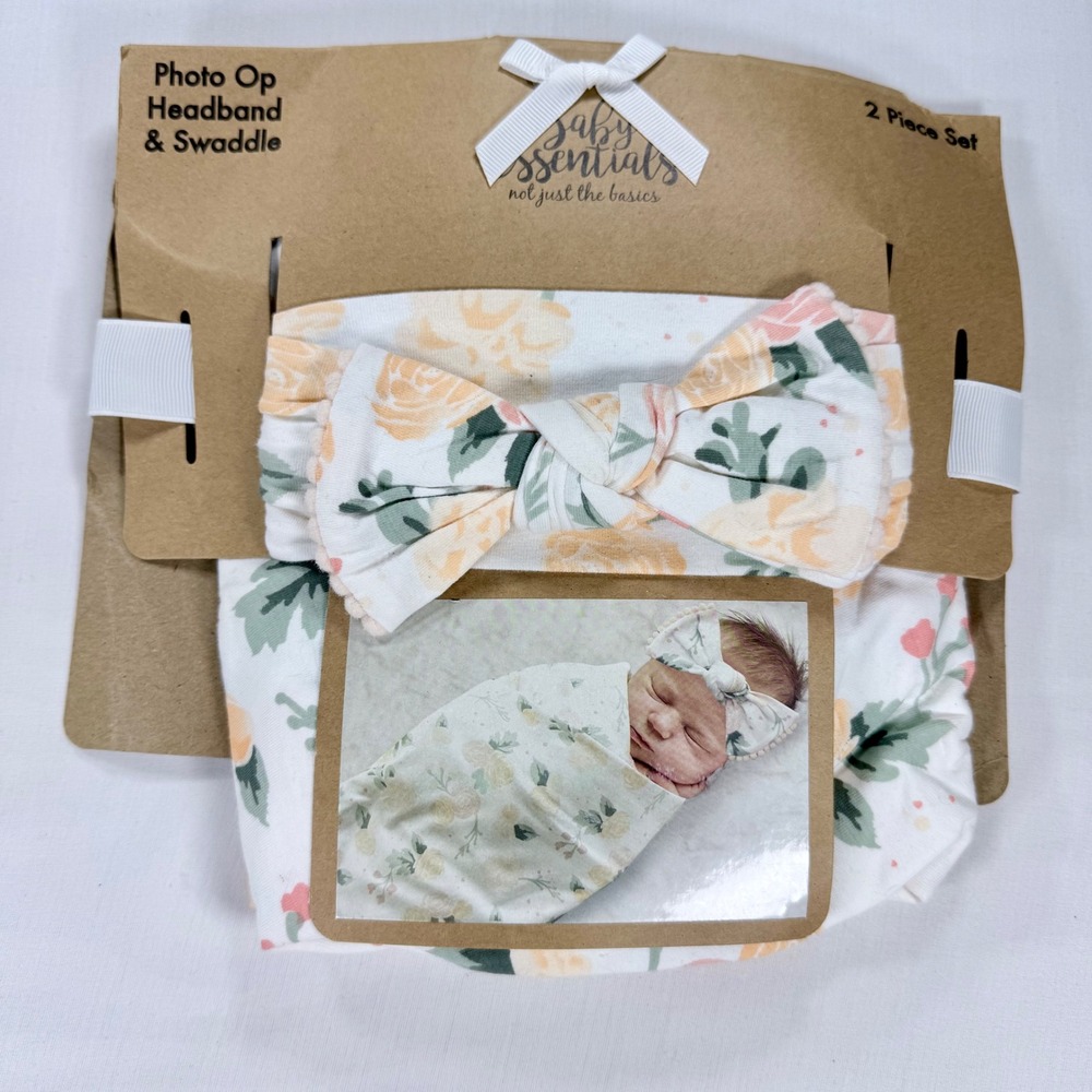 Baby Essentials Floral Swaddle Blanket and Headband Set Peach Yellow 2 Piece